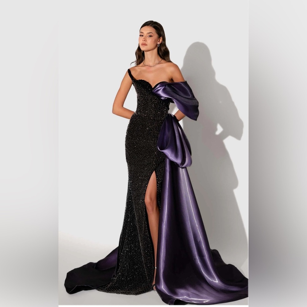 Black rhinestone dress, lilac bow,structured corset, dramatic train,prom, bridal